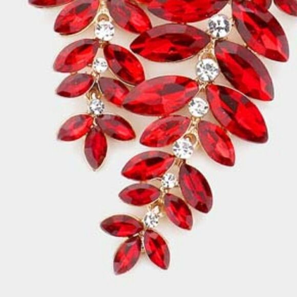 Marquise Red Colored Stone Vine Evening Gold Clip on Earrings - Picture 3 of 6
